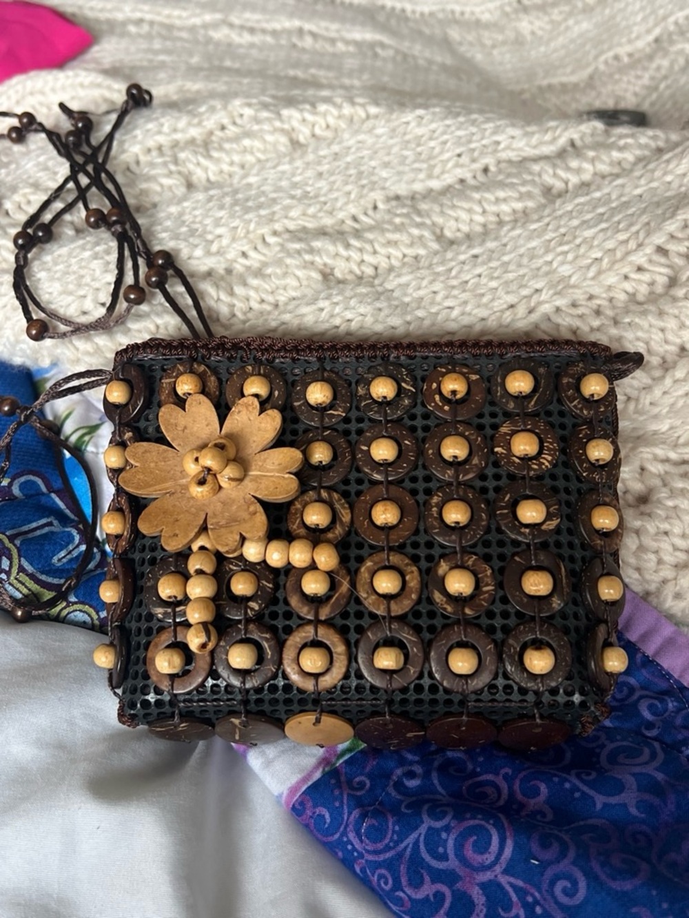 Brown Beaded Crossbody Bag with Floral Accent